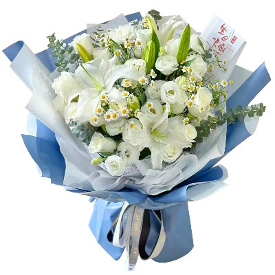 济宁11朵白玫瑰桔梗百合，爱永恒不息